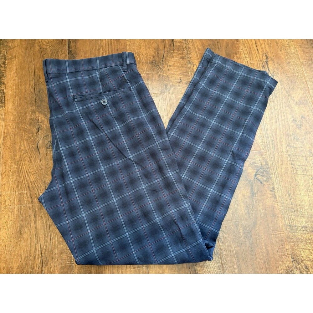 Penguin by Munsingwear Blue Plaid Chino Pants Straight Fit Stretch Mens 34x32